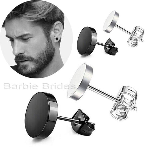 2 Pairs Of 316L Surgical-Steel Black & Silver Flat Round Men Women Stud Earrings
